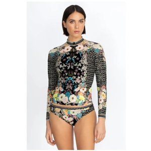Johnny Was Swim Wear Surf Shirt Zip Long Comfort Rash Guard Floral Black Top NEW